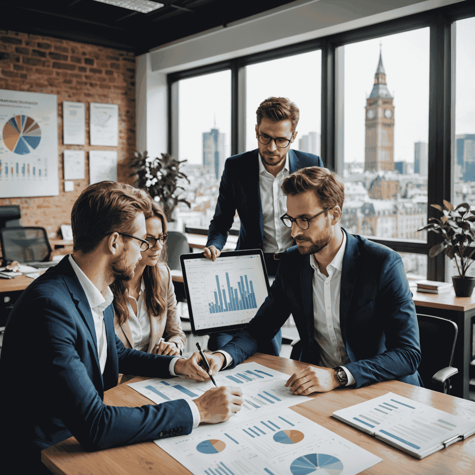 European entrepreneurs discussing funding options in a modern office setting, with financial charts and documents spread on a table