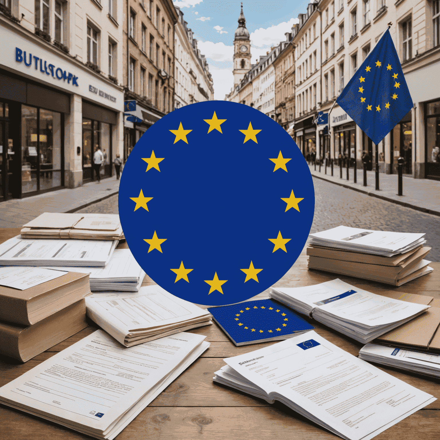 A collage showing EU flag, small business storefront, and a stack of regulatory documents