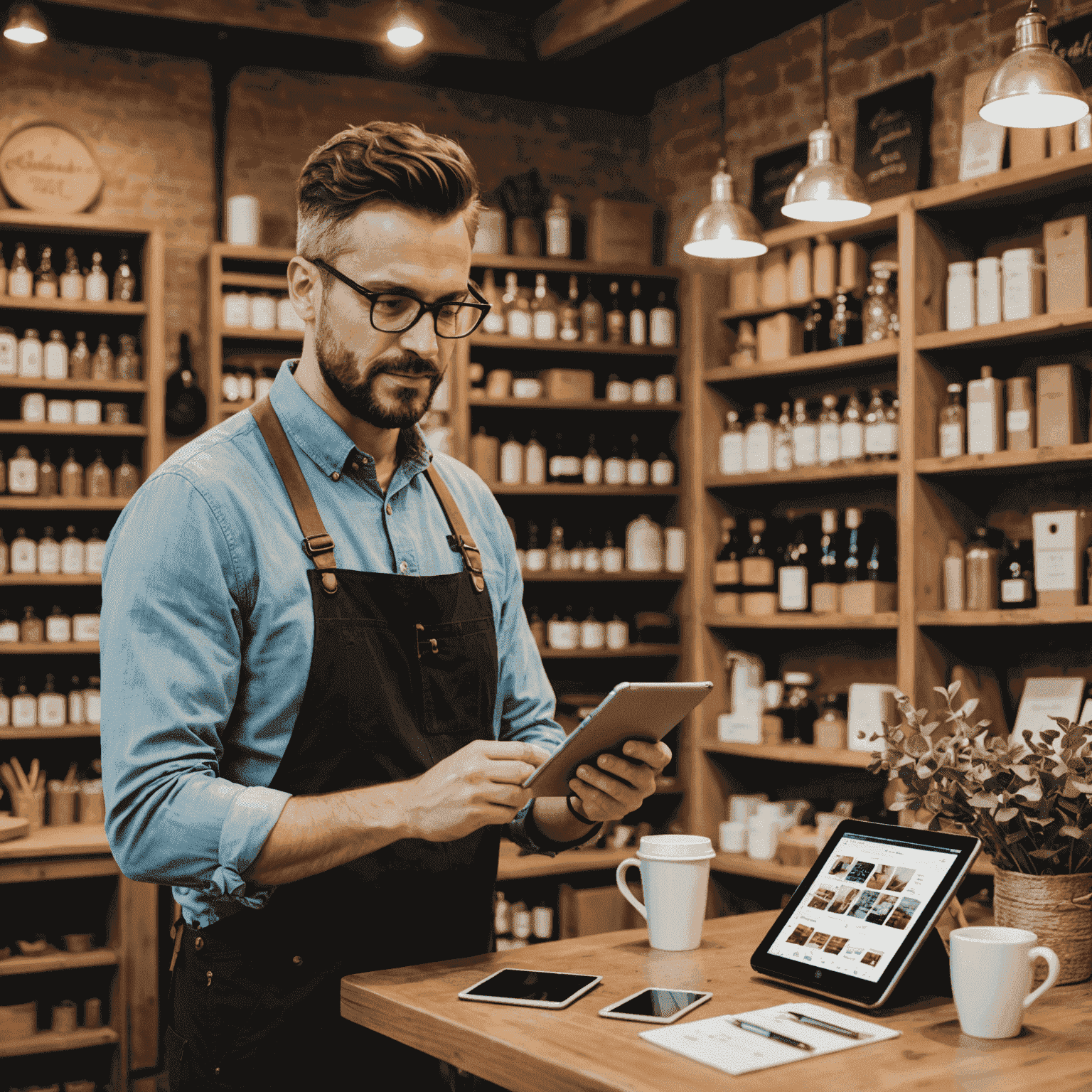 A collage showing various European small businesses using digital tools: a café owner using a tablet for inventory, a boutique shop with a digital point-of-sale system, and a craftsman showcasing products on a social media platform