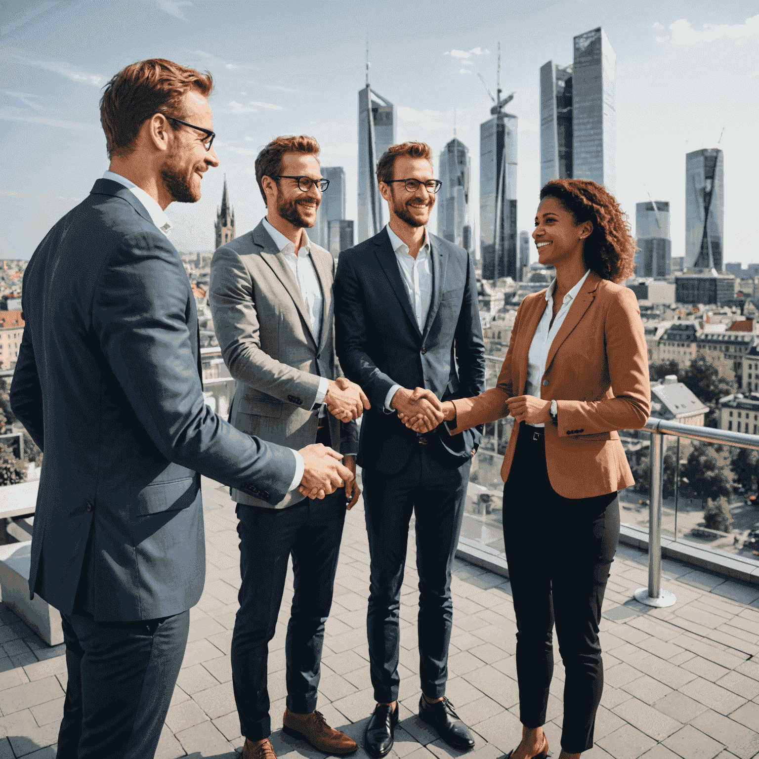 A group of diverse entrepreneurs shaking hands in front of a modern European cityscape, symbolizing successful small business partnerships in Europe