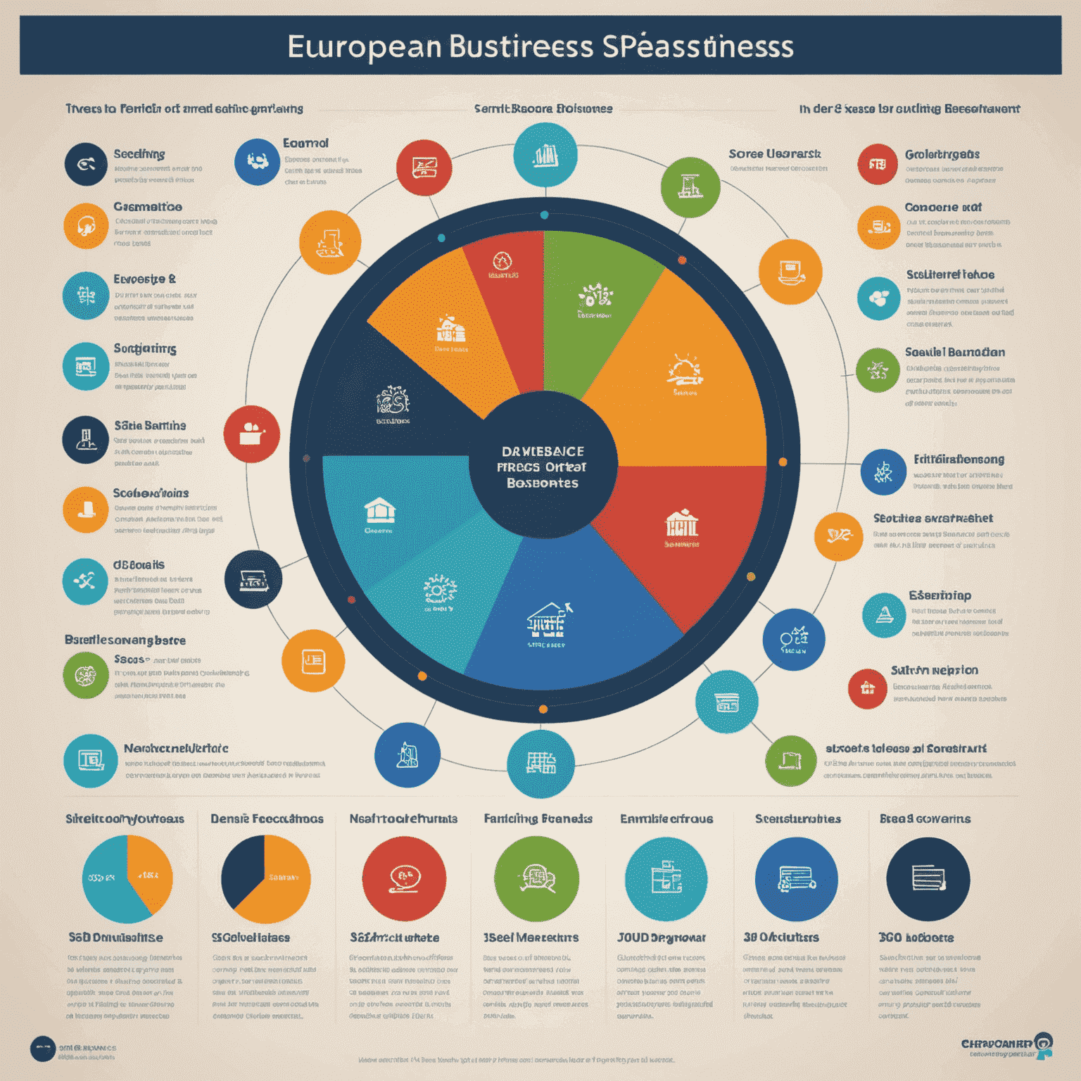 Infographic showing the breakdown of different funding options for European small businesses, with pie charts and icons representing each method